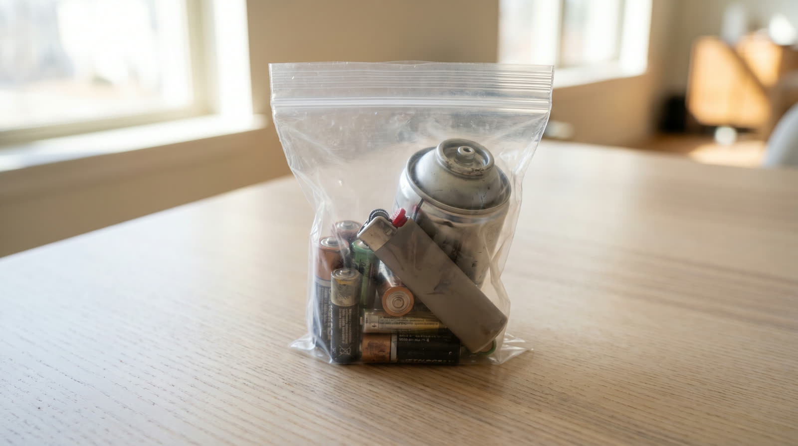 Used batteries, a lighter, and a spray can in a small clear bag