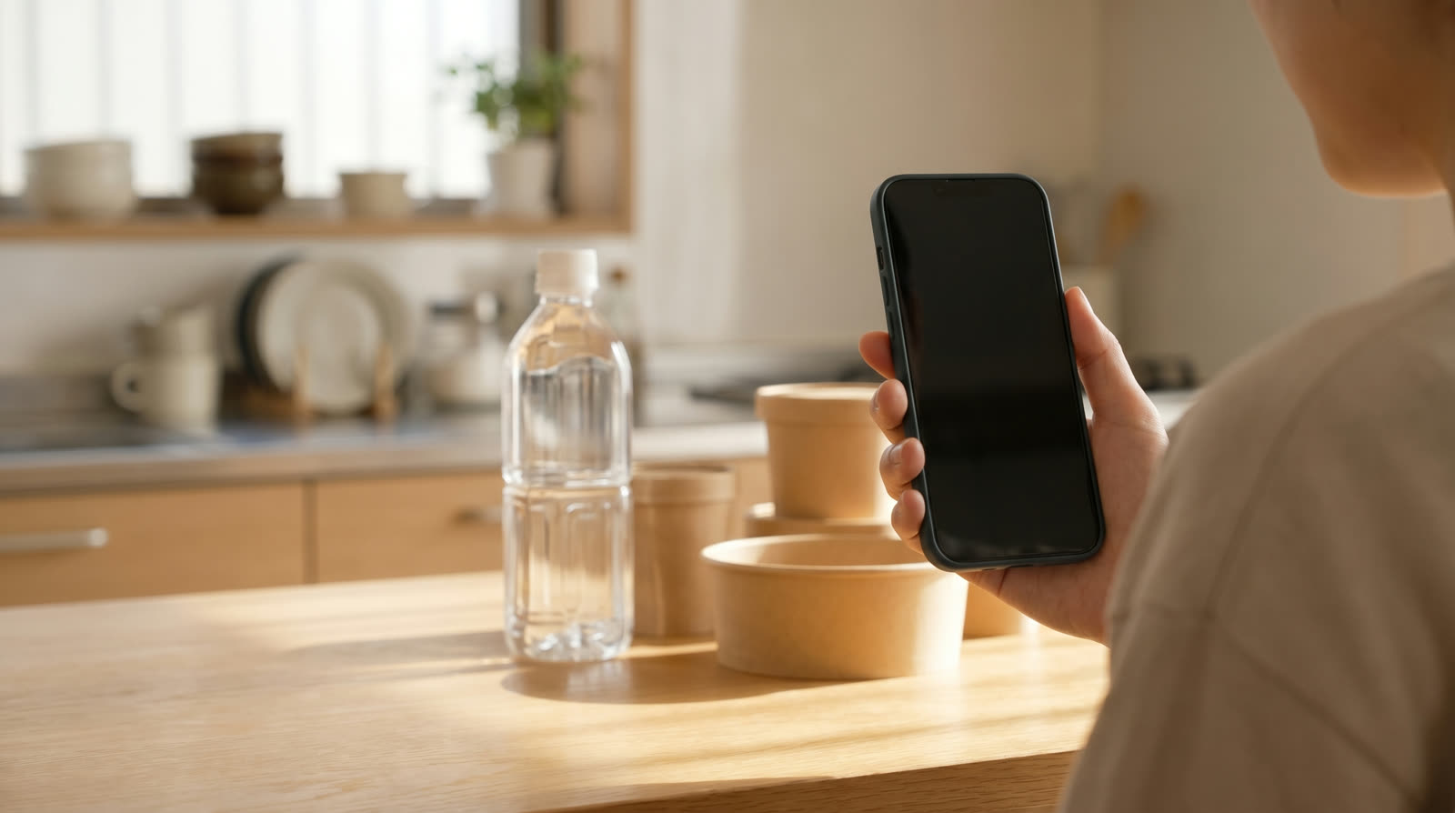 A hand holding up a phone to photograph a plastic bottle on a kitchen counter in a Japanese apartment