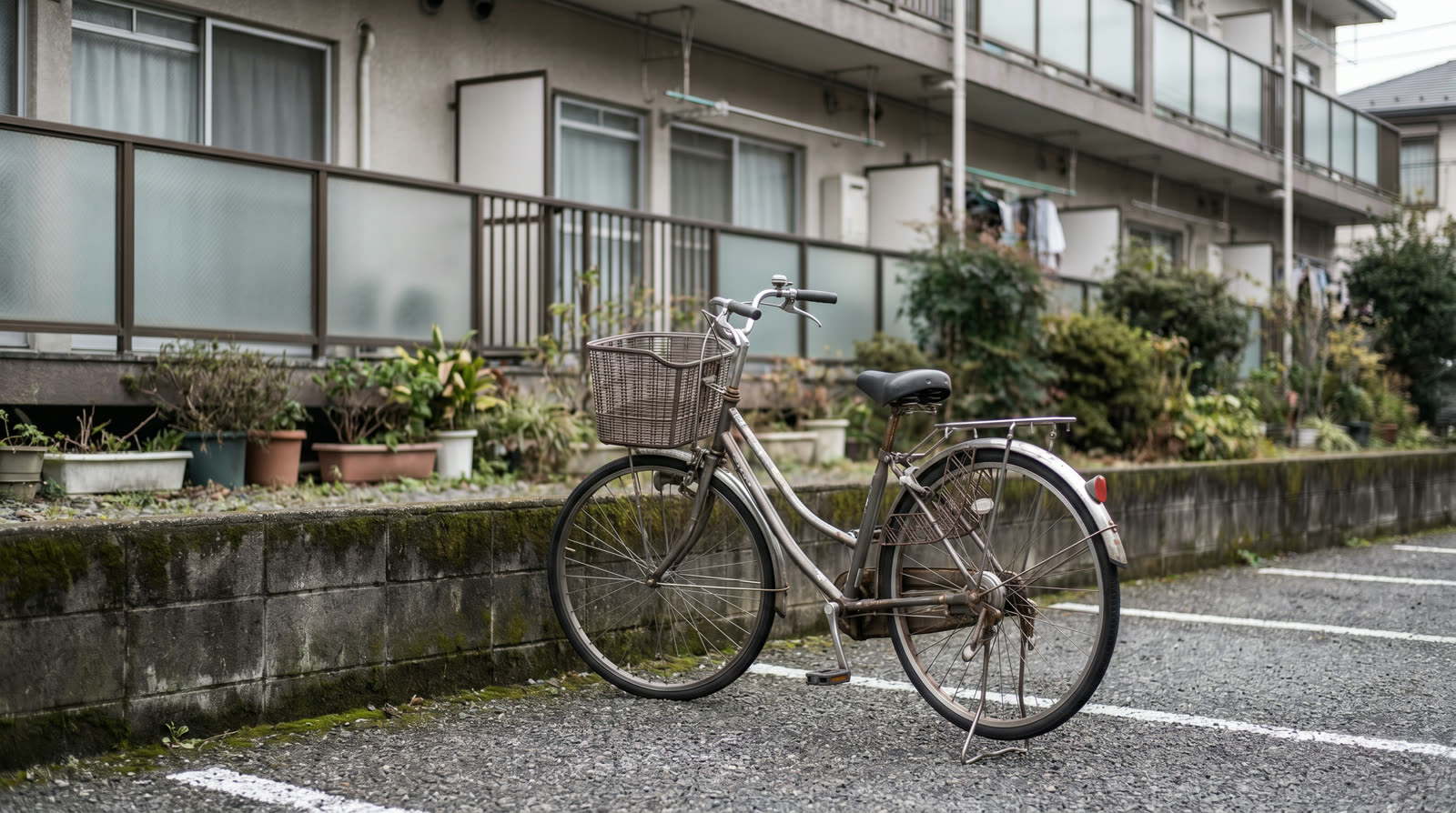 A bicycle parked at a quiet Japanese apartment building