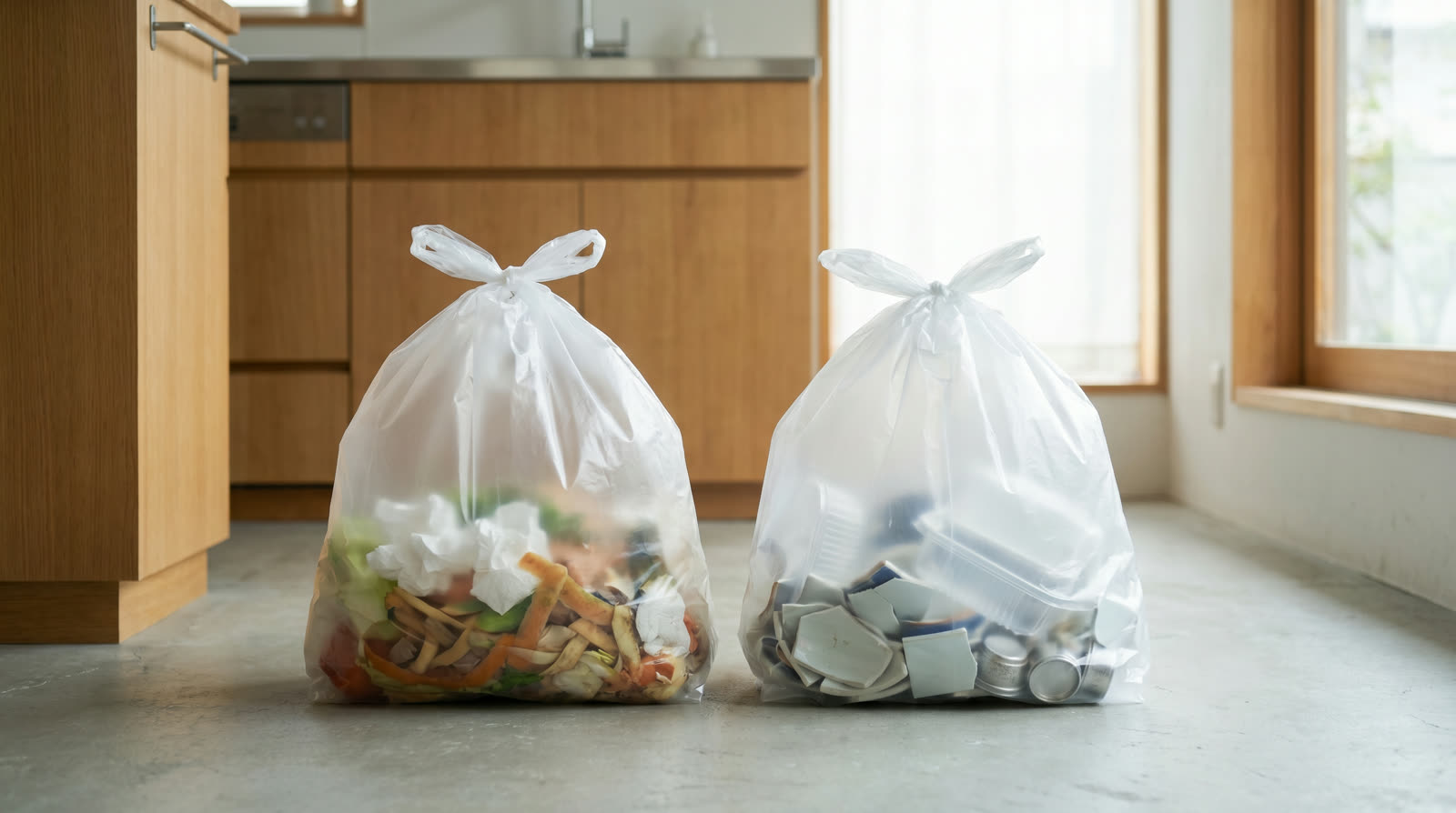 Two Japanese trash bags sorted on a clean kitchen floor