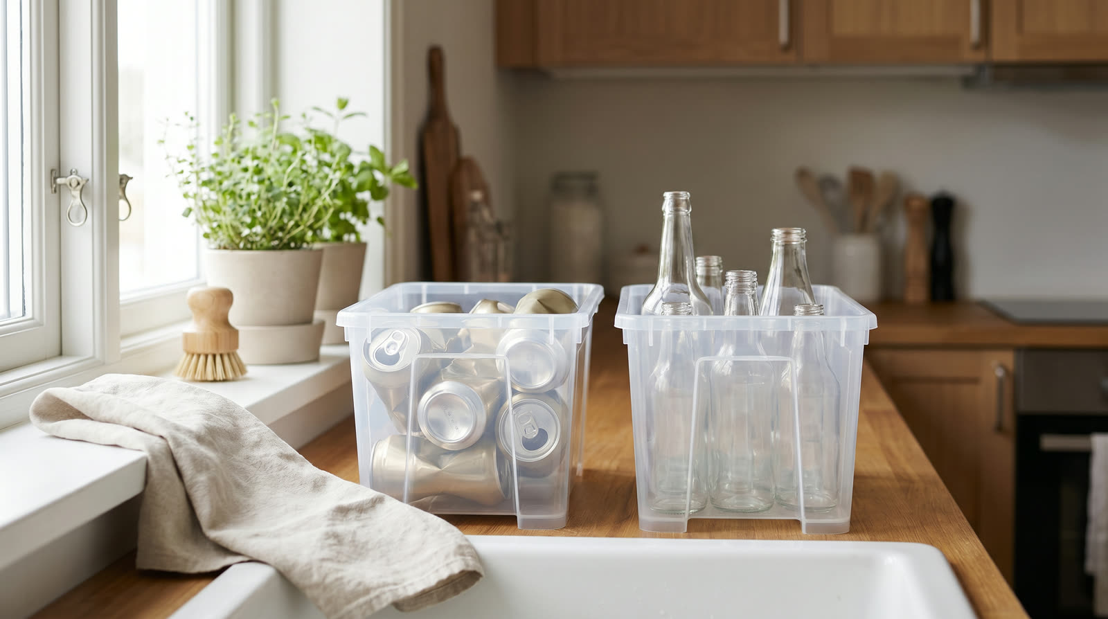 Rinsed cans and glass bottles sorted into clear bins by a sink