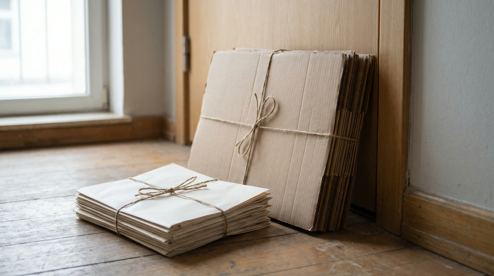 A neat bundle of flattened cardboard and tied newspaper by a doorway