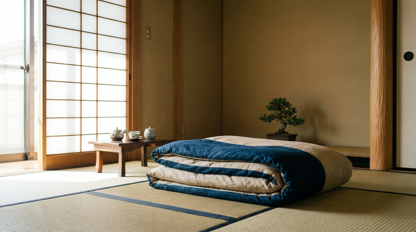 A folded futon resting on a tatami floor in a sunlit traditional Japanese room