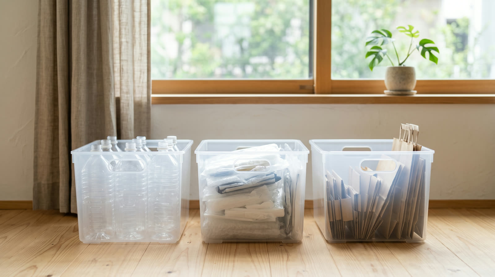 A tidy Japanese home recycling corner with PET bottles and plastic packaging sorted into labeled bins