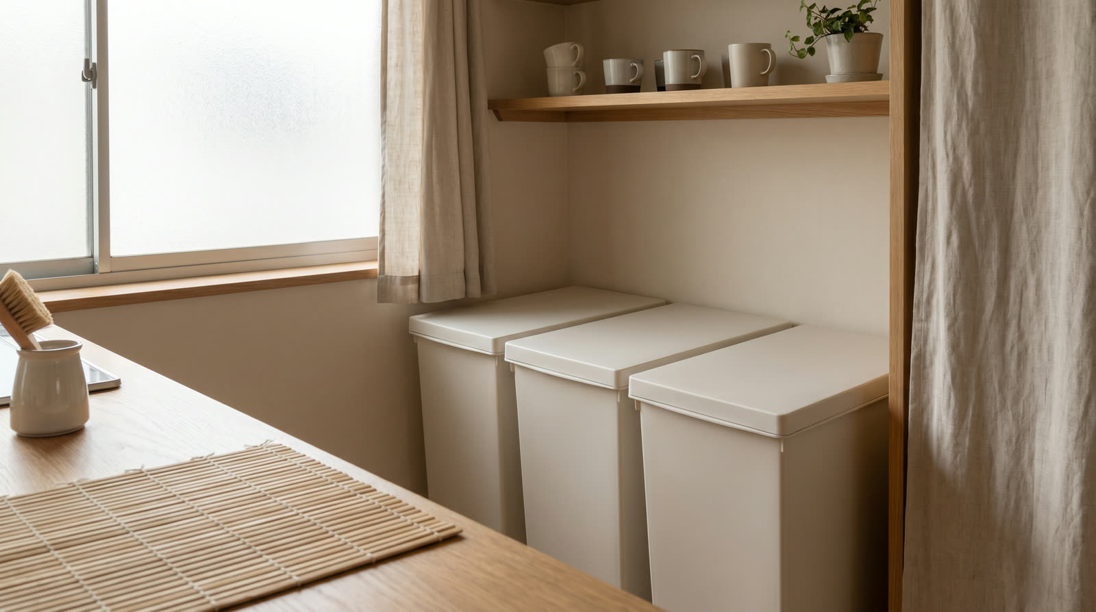 A tidy corner of a Japanese apartment kitchen with sorting bins