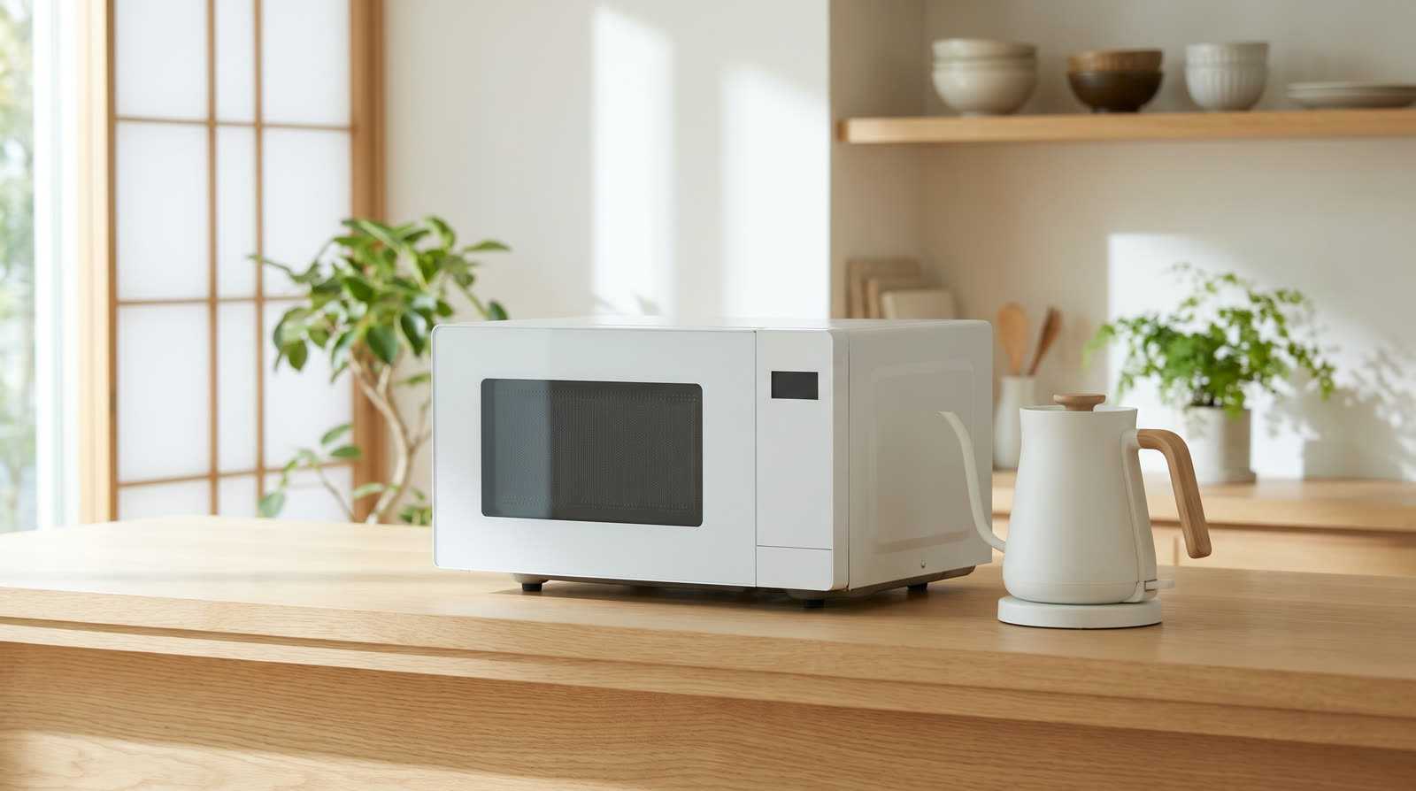 A microwave and an electric kettle on a clean kitchen counter